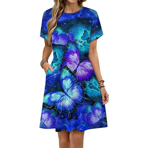 Cosmic Butterfly Purple Dress Summer Street Style Dresses Female Short Sleeve Printed Sundress