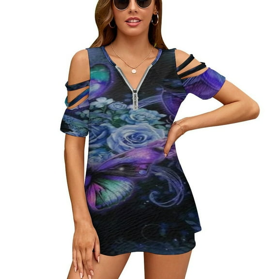 Cosmic Butterfly Womens Summer V Neck Zipper Top Short Sleeve T Shirt Off Shoulder Top Casual Classy Loose Shirts