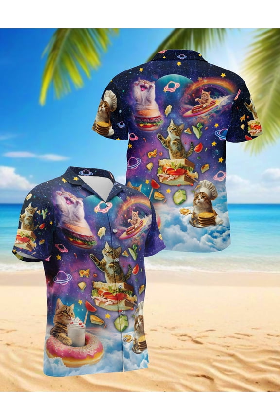 Cosmic Cat Food Adventure Hawaiian Shirt for Men, Button Down Summer Beach Short Sleeve, Sizes S-5XL