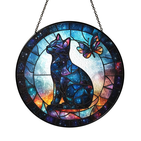 Cosmic Cat Glass Suncatcher Window Decor, Stained Glass Effect Galaxy Inspired Artwork Gift