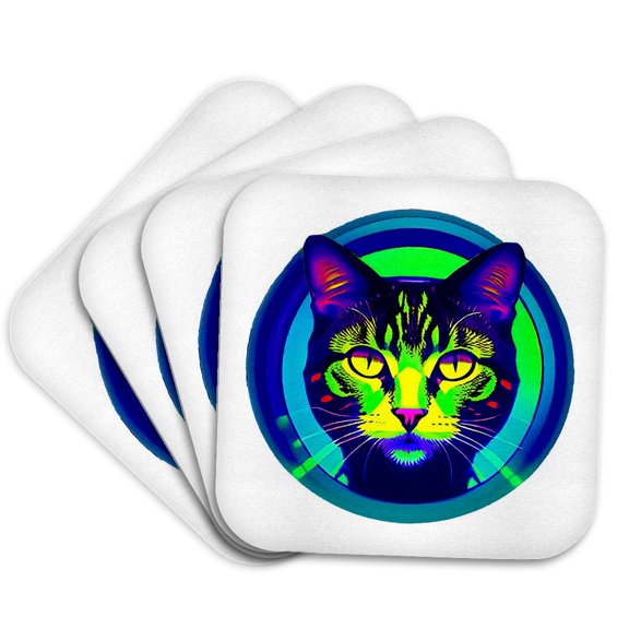 3drose, Cosmic Cat Portrait in Green and Blue. Family Friendly Gift or Decor, Set of 4 Coasters - Soft
