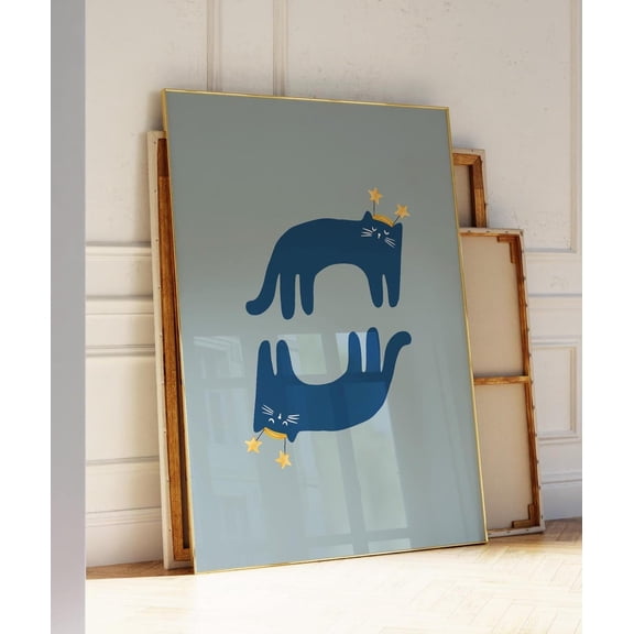 Cosmic Cat Print Trendy Space Poster Blue Kitty Print Celestial Wall Art Quirky Cat Poster Maximalist Eclectic Art 1 Print Wall Art, Modern Wall Decor, 12x18 UNFRAMED