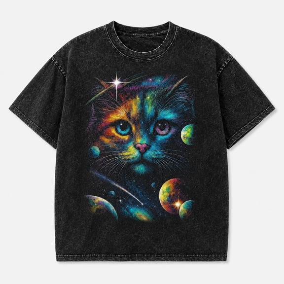 Cosmic Cat Washed T-Shirt, Galaxy Kitten Graphic Tee, Unisex Cotton Shirt