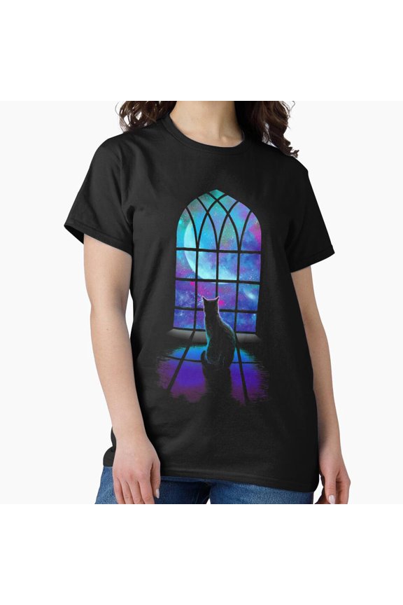 Cosmic Cat Window T-Shirt | Galaxy Moon View | Gothic Fantasy Cat Lover Gift H546, for Unisex, Up to Size 5XL