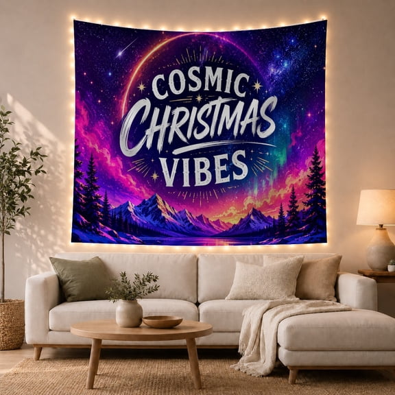 Cosmic Christmas Vibes Above Purple Nebula Mountains, Mystical Fantasy Art for Space Lovers, Galaxy Decor, Hostess Gift, Tapestry Wall Hanging for Bedroom and Dorm