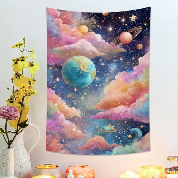 Cosmic Clouds Blue Peach Tapestry, Planets Stars Celestial Wall Hanging, Dreamy Tapestries Aesthetic for Bedroom, Living Room, Dorm 30x40 Inch