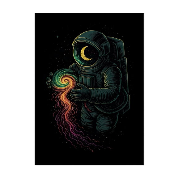 Cosmic Conjuror: Astronaut & Swirling Galaxy - Digital Art Astronaut Surrealism Space Cosmic Psychedelic Sci-Fi Moon Unframed Wall Art Print 32 x 48 inches