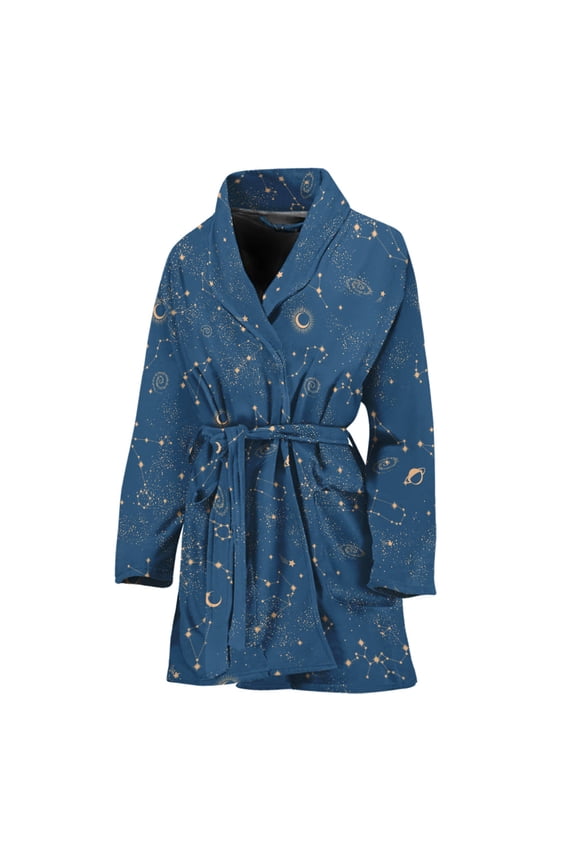 Cosmic Constellation Pattern Women Bathrobe One Size Univeral Fits, Zodiac Horoscope Fashion Lightweight Plush Fleece Long Robe For Women