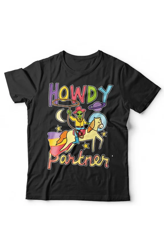 Cosmic Cowboy UFO Visitor Retro Alien Western Greeting Unisex T-Shirt, up to size 5XL