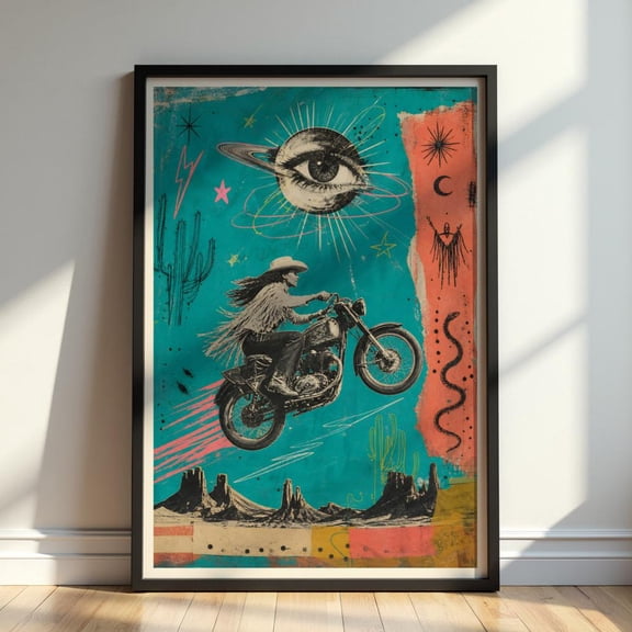 Cosmic Cowgirl Motorcycle Poster Retro Desert Wall Art Psychedelic Western Print Boho Biker Print Artwork