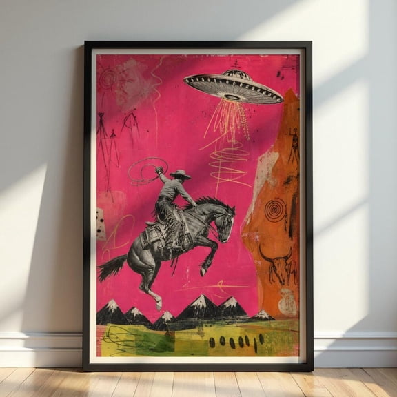 Cosmic Cowgirl UFO Wall Art Print Surreal Western Rodeo Poster Retro Alien Desert Cowboy Home Decor