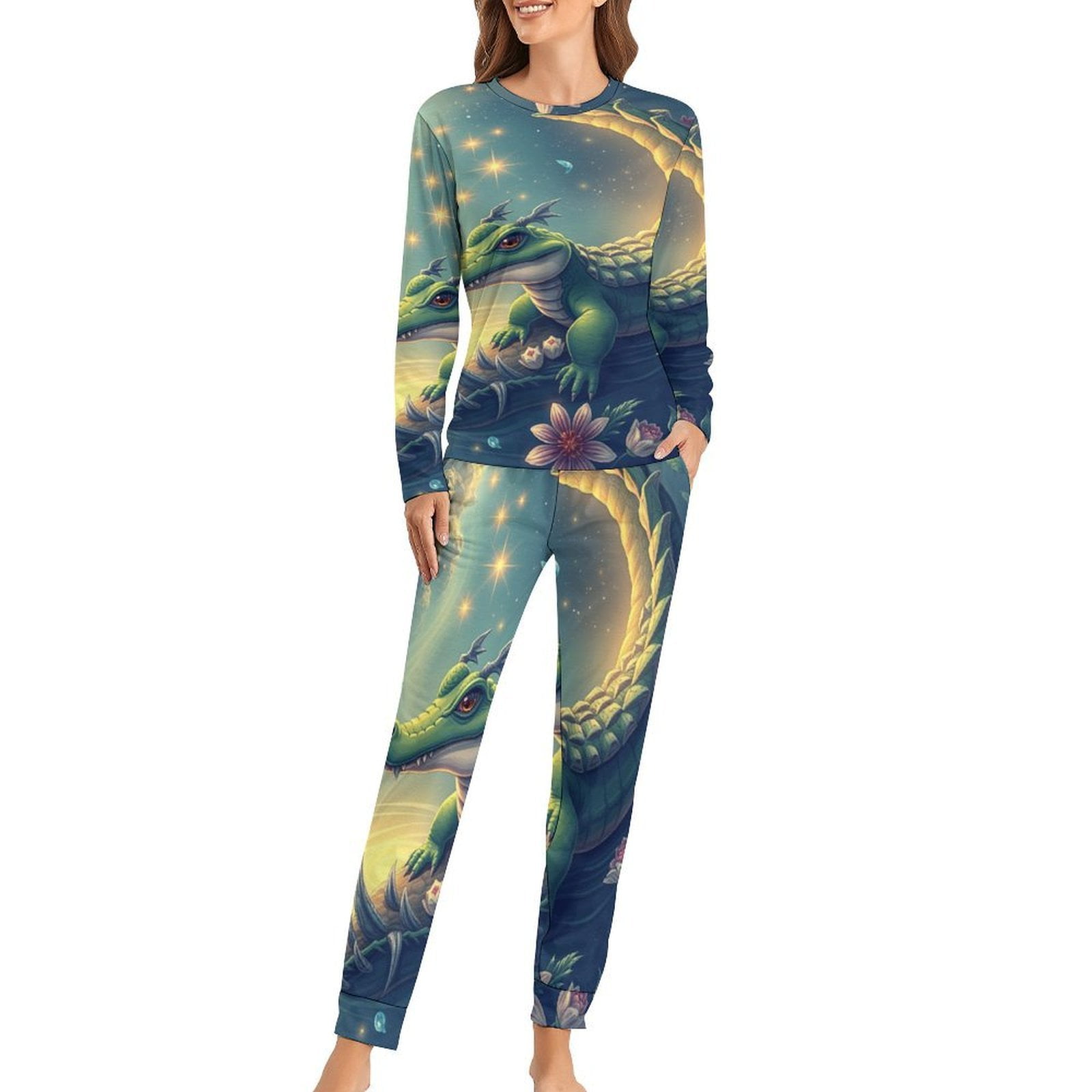 Cosmic Crocodile Fantasy Art Pajamas Woman Two Piece Design Long ...