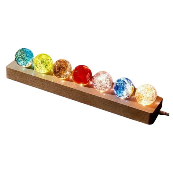 Cosmic Crystal Night Light with 7 Natural Gemstone Spheres, Wooden Base LED Galaxy Lamp for Meditation, Positive Energy Chakra Healing Decor