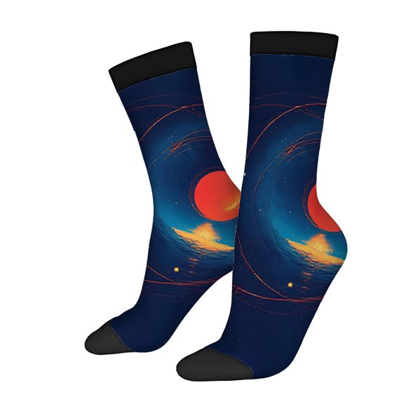 Cosmic Design Socks - 2 Pairs of Unisex Trendy Socks with Red and Yellow Planets on Dark Blue Space Background