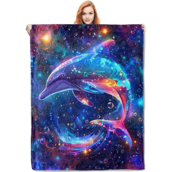 Cosmic Dolphin Dream Blanket Gifts for Women, Oceanic Theme Flannel Blanket, Soft Warm Lightweight Throw Blankets for Bedding Sofa Couch Home Travel Decor 50 x 60