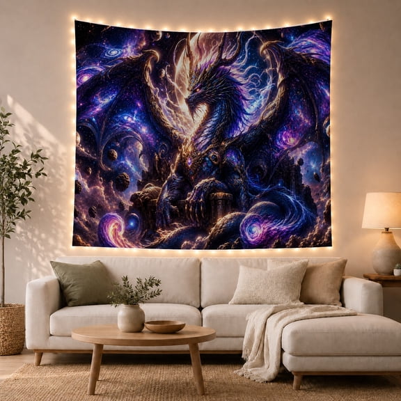Cosmic Dragon Among Galaxies and Ruins, Dramatic Fantasy for Dragon Lovers, Mythical Creature Wall Art, Halloween Gift, Tapestry Wall Hanging for Bedroom, Gaming Room and Dorm