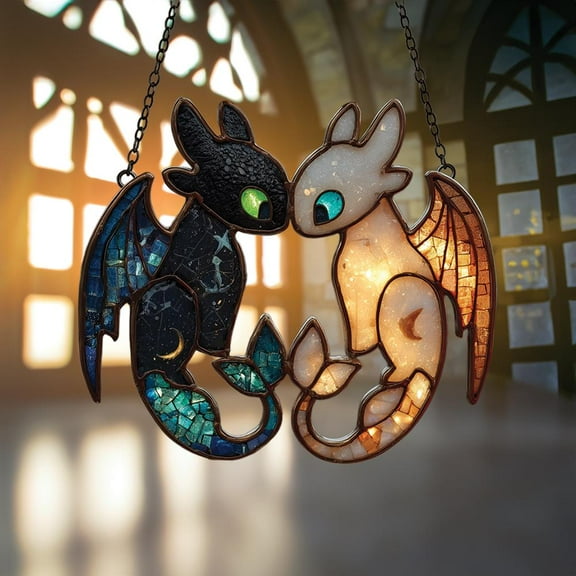 Cosmic Dragon Couple Faux Stained Glass ACRYLIC Window Hanging, Black White Lovers, Wings Fantasy Nursery Gamer Room Decor 4323904532