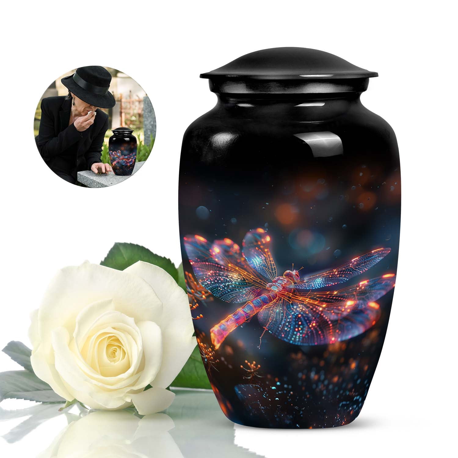 Cosmic Dragonfly Dance Decorative Urns For Human Ashes - Funeral Urns For Human Ashes Adult - Cremation Memorial - Cremation Urn For Adults (Size -10inch)