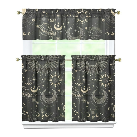 Cosmic Eclipse Kitchen Curtains Set - Gothic Astronomical Print Tier Curtains with Sunburst Valance for Modern Homes
