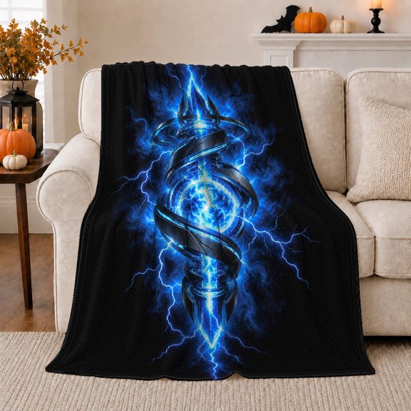 Cosmic Energy Lightning Orb Sci-Fi Emblem Fantasy, Festive autumn celebration Scene, Warm Flannel Blanket for Living Room and Family Room, Art Lovers autumn celebration Gift, Festive Home Decor