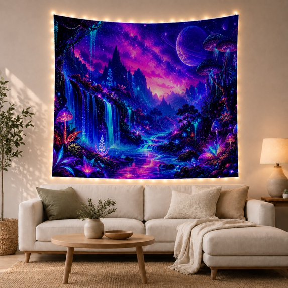 Cosmic Fantasy Landscape with Glowing Waterfall and Mushrooms Mystical Psychedelic for Space Lovers Celestial Wall Decor Halloween Gift Tapestry Wall Hanging for Bedroom Living Room Dorm
