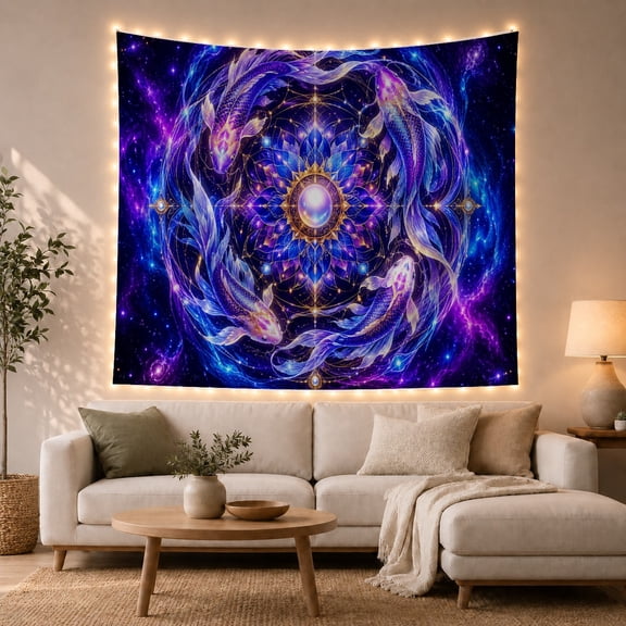 Cosmic Feather Mandala With Glowing Center, Mystical Fantasy Style for Space Lovers, Galaxy Wall Art, Housewarming Gift, Tapestry Wall Hanging for Bedroom and Meditation Room