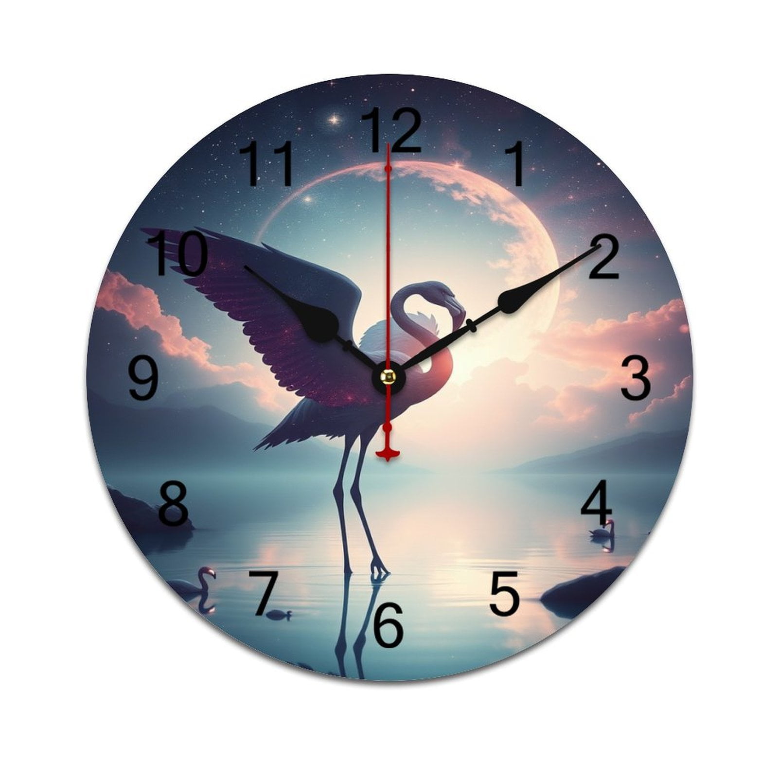 Cosmic Flamingo Moonlit Lake Time Decorative Wall Clocks Round Large