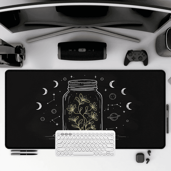 Cosmic Flower Jar Mouse Pad 35.4 x 15.8 inches Rubber Desk Mat with Moon and Star Design for Office and Home Use