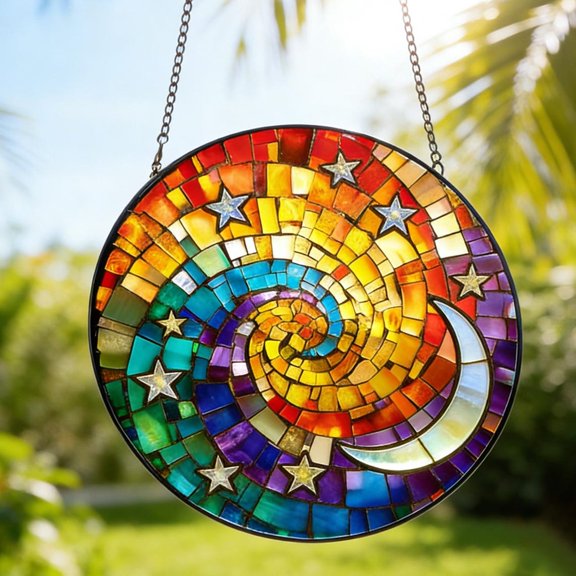 Cosmic Galaxy Glass Suncatcher, Moon and Stars Window Art, Celestial Home Decor, 7.9 in