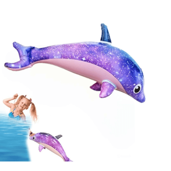 Cosmic Galaxy Inflatable Dolphin Rider - Extra-Thick PVC Floating Animal Lounge with Space Pattern for Swimming Pool Decor and Summer Relaxation