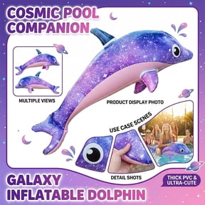 Cosmic Galaxy Inflatable Dolphin Rider - Extra-Thick PVC Floating Animal Lounge with Space Pattern for Swimming Pool Decor and Summer Relaxation