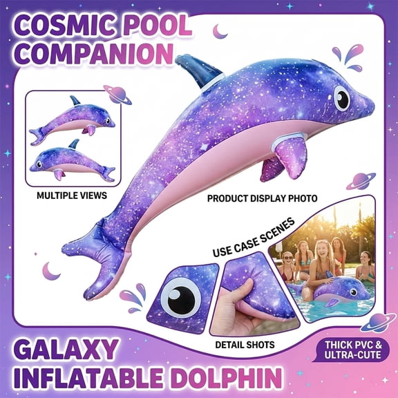 Cosmic Galaxy Inflatable Dolphin Rider - Extra-Thick PVC Floating Animal Lounge with Space Pattern for Swimming Pool Decor and Summer Relaxation
