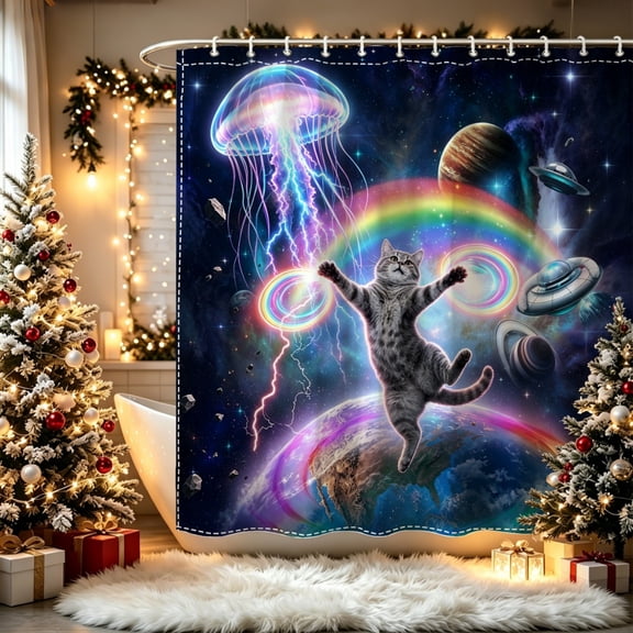 Cosmic Galaxy Rainbow Cat Jellyfish UFO Print Shower Curtain (70.8x70.8inch), Colorful Space Kitty Alien Dreamy Sci-Fi Bathroom Ornament