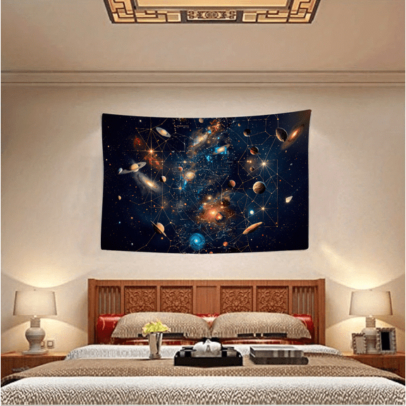 Cosmic Geometry Tapestry - Sci-Fi Star Map with Planets, Galaxies and Golden Network - Futuristic Space Art for Bedroom & Game Room - Polyester Fabric