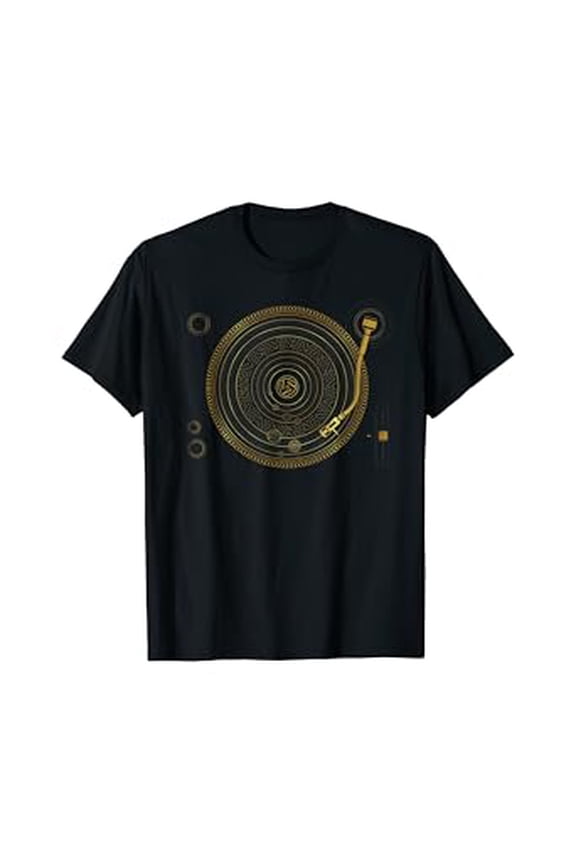 Cosmic Golden Solar System Turntable DJ Graphic T-Shirt for EDM Fans