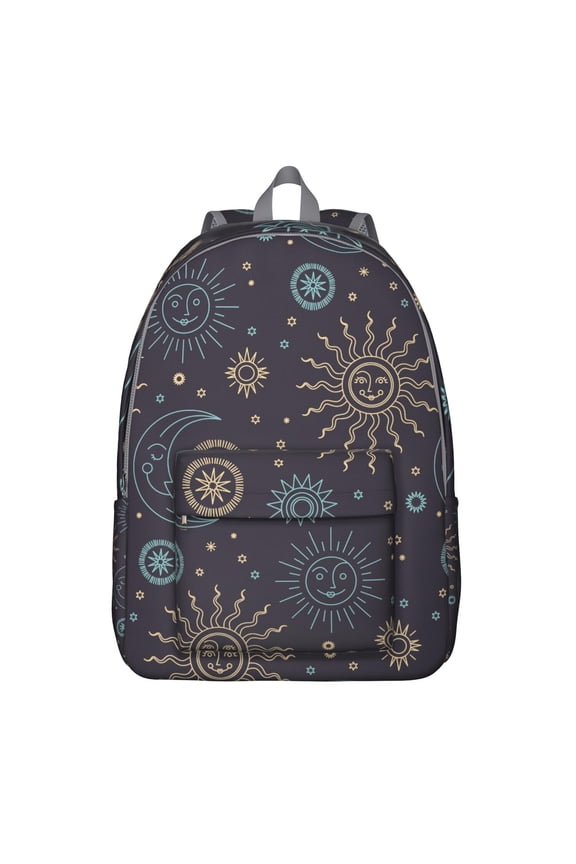 Cosmic Gothic Backpack, Lightweight School Bag with Mystical Astrology Print and Golden Star Pattern