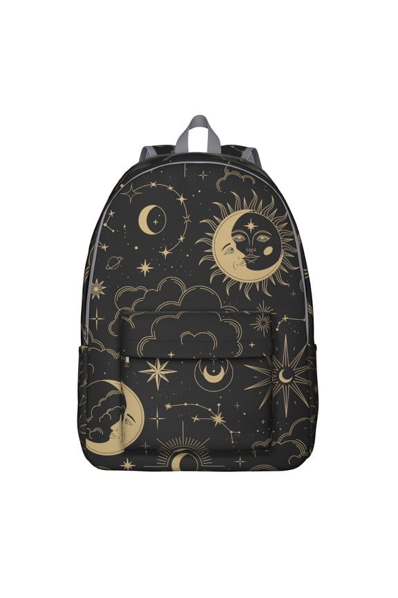Cosmic Gothic Backpack, Lightweight School Bag with Mystical Astrology Print and Golden Star Pattern