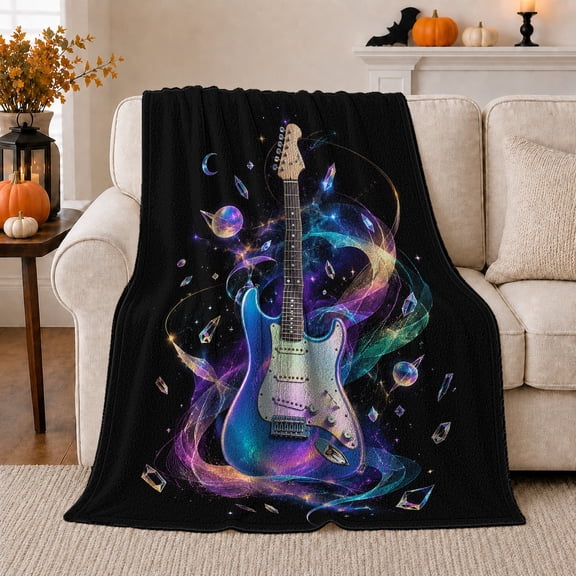Cosmic Guitar Art, Festive Holiday Scene, Warm Flannel Blanket for Living Room and Family Room with Detailed Artwork, Art Lovers Housewarming Gift, Festive Home Decor