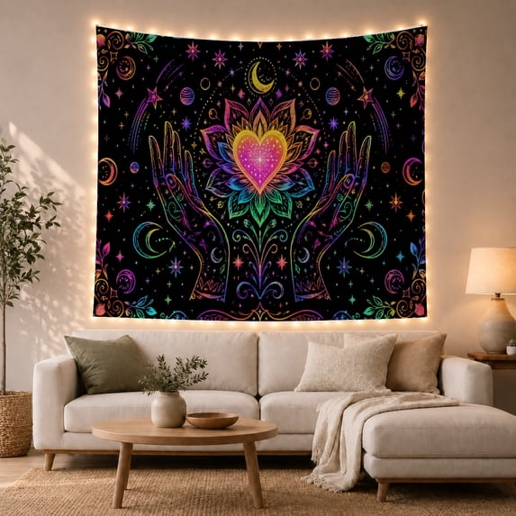 Cosmic Heart and Hands in Celestial Background, Mystical Psychedelic for Space Lovers, Cosmic Wall Art Decor, Birthday Gift Tapestry Wall Hanging for Bedroom and Living Room