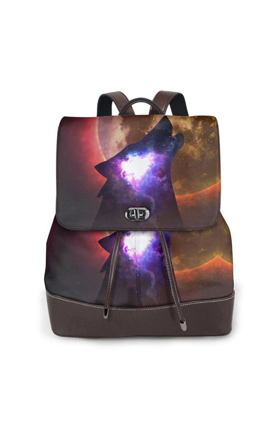 Cosmic Howling Wolf Print Women's Leather Backpack Galaxy Animal Travel Bag