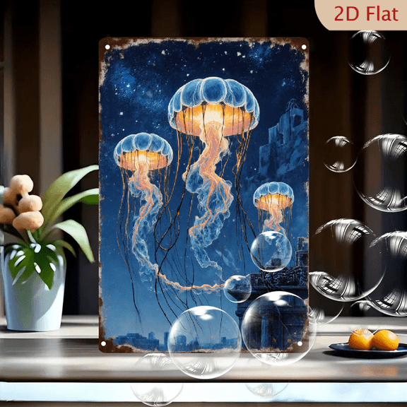 Cosmic Jellyfish in Night Sky Vintage Poster, Surreal Dreamlike Art with Ancient Ruins and City Silhouettes, 8x12 Inches Metal Wall Decor for Living Room