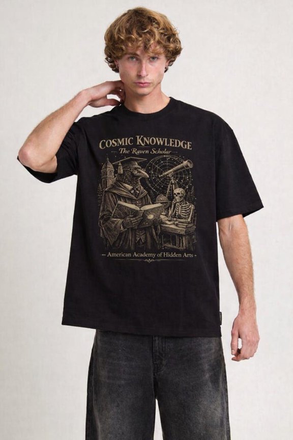 Cosmic Knowledge Raven Scholar Graphic T-Shirt, Dark Academia Astronomy and Occult Study Design, Unisex Cotton T-Shirt, Size S-5XL