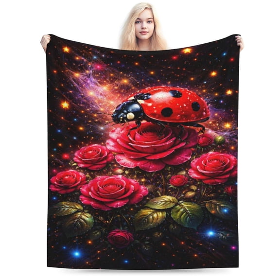 Cosmic Ladybug Roses Blanket Galaxy Floral Fantasy Throw Celestial Botanical Fleece Blanket for Valentine’s Day Romantic Home Decor 50x40