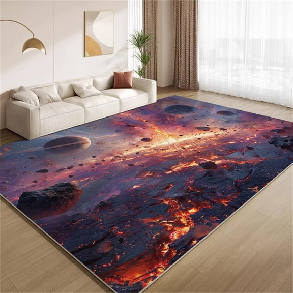 Cosmic Landscape Area Rugs, Lava Planet Explosion Carpet, Washable Non Slip Low Pile Soft Rug for Living Room Bedroom Decor Mat 5x6ft