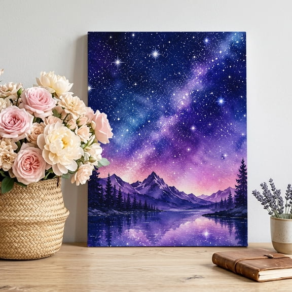 Cosmic Landscape Canvas Wall Art, Romantic Purple Starry Night Sky Mountain Peaks Pictures Wall Decor Wooden Framed Artwork Art Prints for Living Room Hallway Bedroom Office 20"x24"