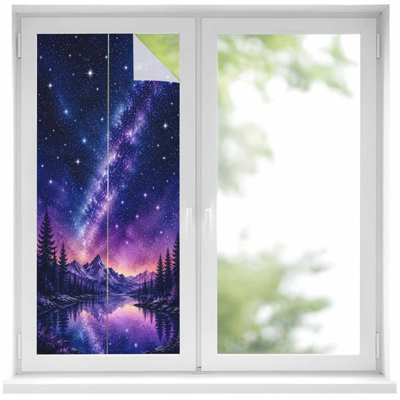 Cosmic Landscape Window Privacy Film Romantic Purple Starry Night Sky Mountain Peaks Decorative Glass Window Film UV Blocking Static Cling Sticker Covering for Home Door 19.6 x 39.3 inches