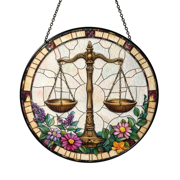 Cosmic Libra Zodiac Scene With Scales Stained Glass Style Round Window Suncatcher Decor, Unique Astrology Gift