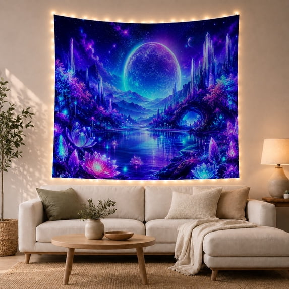 Cosmic Lotus Landscape with Celestial Body in Starry Sky, Dreamy Surreal for Space Enthusiasts, Fantasy Wall Art Decor, Housewarming Gift, Tapestry Wall Hanging for Bedroom and Living Room