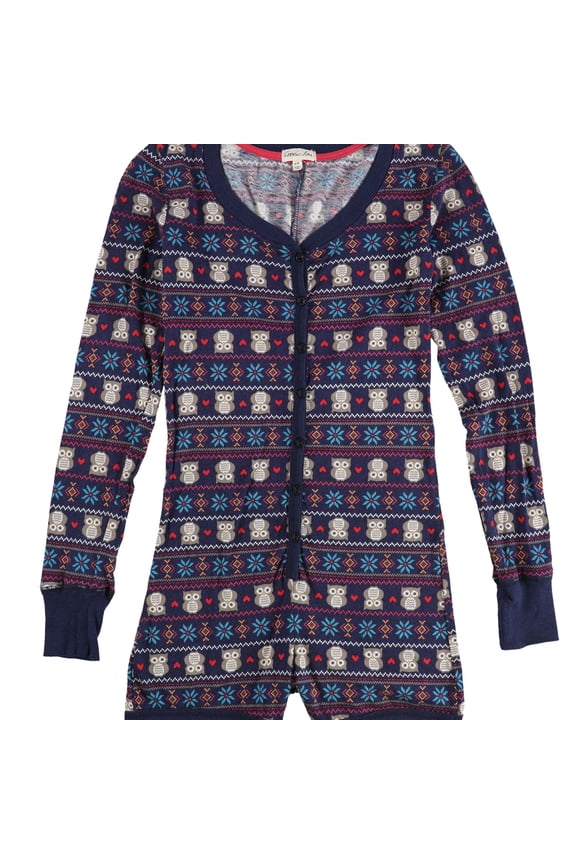 Womens Fair Isle Owl Bodysuit Jumpsuit Pajama, Blue, X-Small