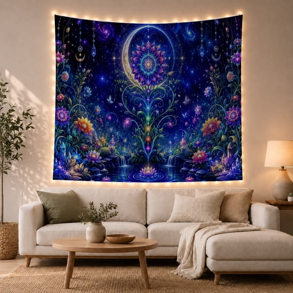 Cosmic Mandala Flower Above Lotus Pond, Dreamy Celestial Style for Meditation Enthusiasts, Fantasy Wall Art, Housewarming Gift, Tapestry Wall Hanging for Bedroom and Dorm